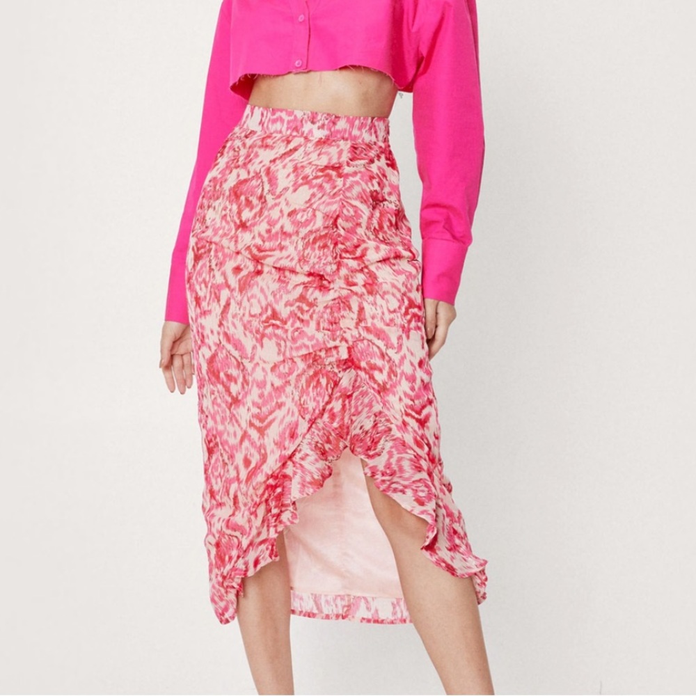 abstract pink chiffon ruched midi skirt